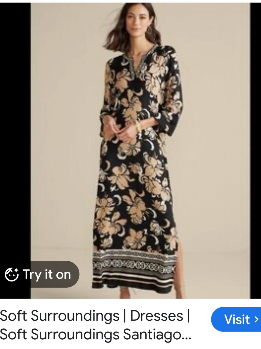 Soft Surroundings Black Floral Maxi Dress with Beige Accents